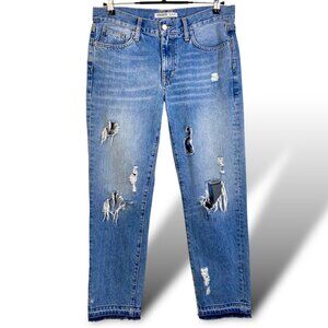 Zara Jeans Womens Sz 4 Medium Wash Faded Z1975 Baggy Mid-Rise Distressed Raw Hem